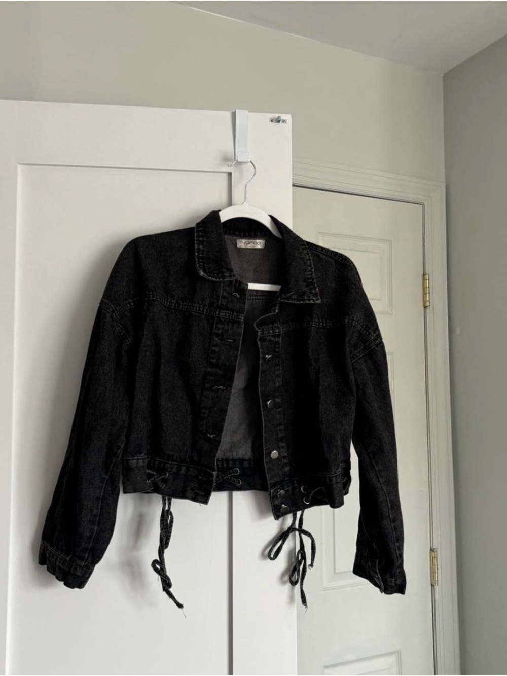 Cropped Black Denim Jacket with string detailed Hem